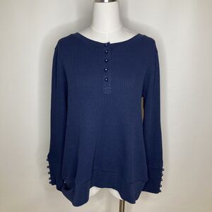 Soft Surroundings Henley Pullover Sweater Navy Blue Rib Knit Cotton Womens Large